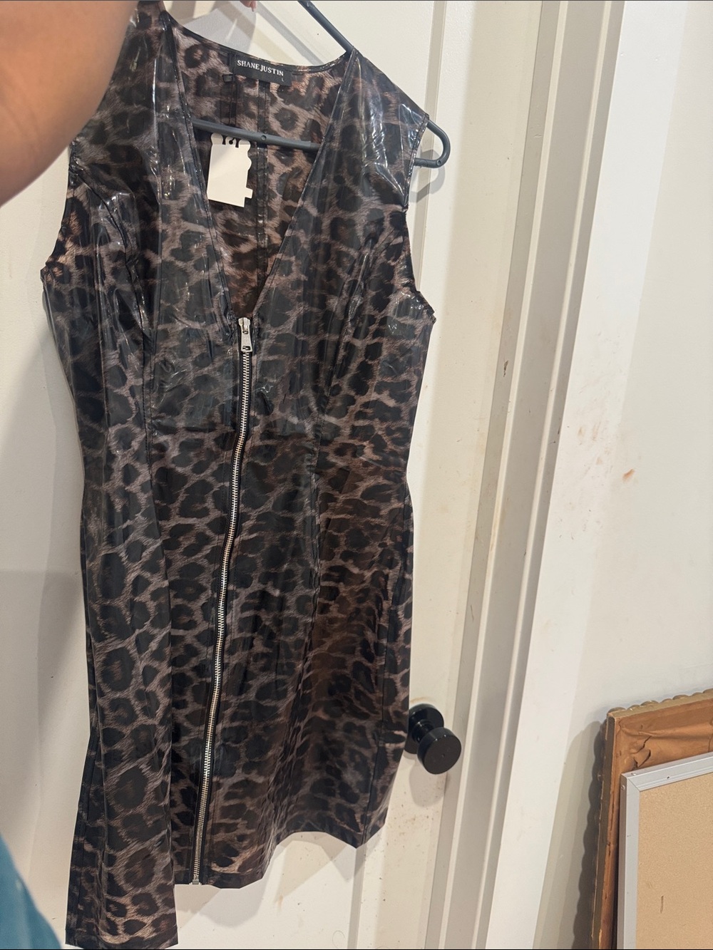 Shane Justin Faux Leather Leopard Zip Front Dress